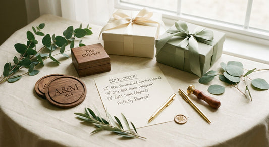 A flat lay of elegantly arranged personalized engraved gifts, ribbon-tied boxes, and a handwritten checklist on a warm ivory linen background with soft natural lighting and gold accents.
