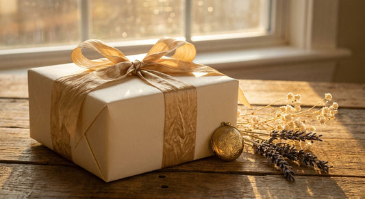 A beautifully wrapped gift box with a satin ribbon and an engraved keepsake item on a warm wooden surface bathed in golden light.