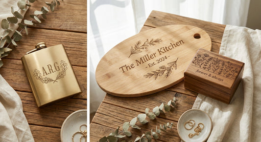 A flat lay arrangement of elegantly engraved personalized gift items including a metal flask, bamboo cutting board, and acacia wood keepsake box on a warm wooden surface with soft natural lighting.