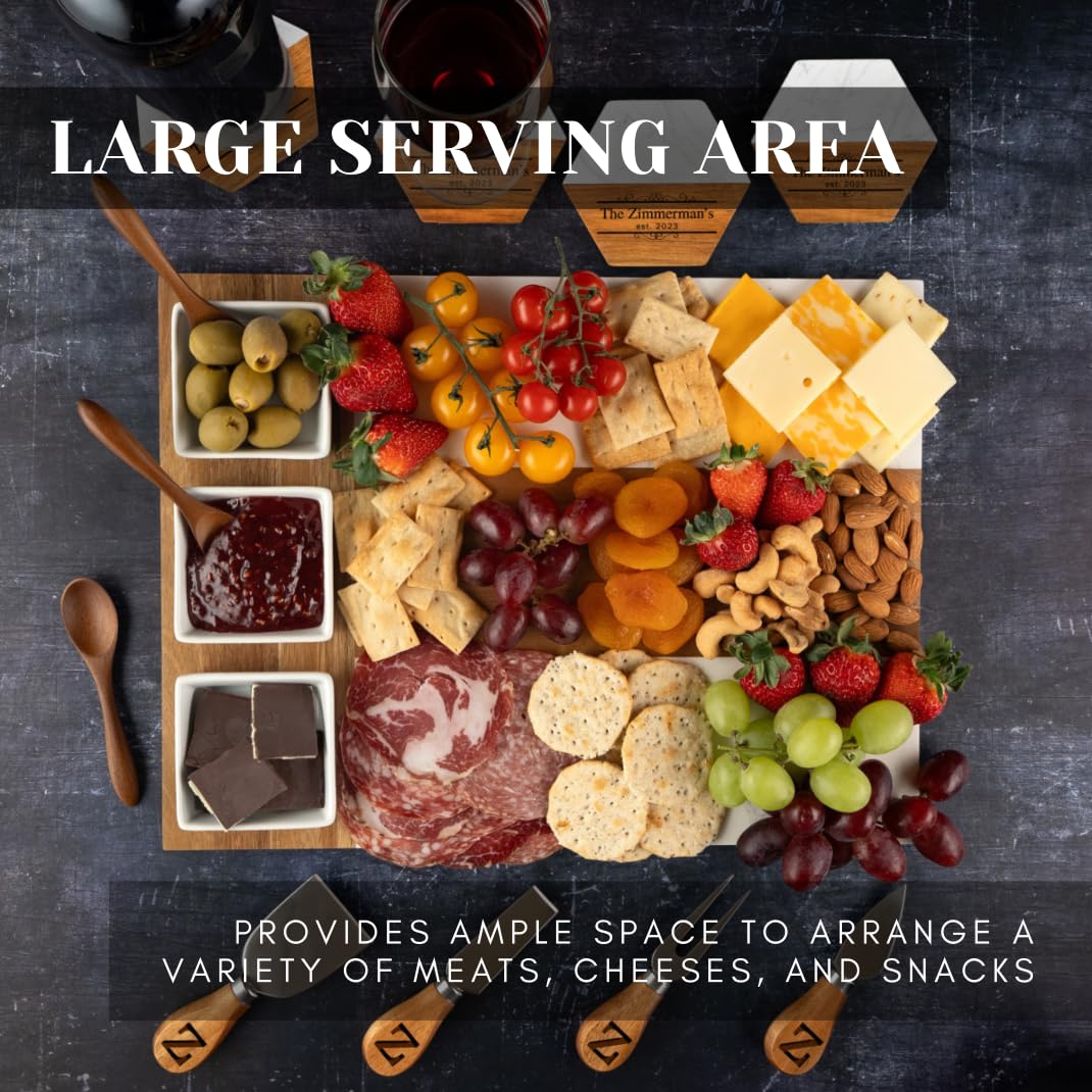 Wooden charcuterie board with meats, cheeses, and snacks on a dark surface.