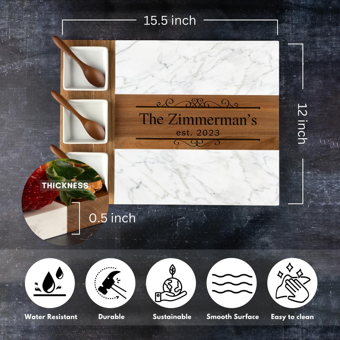 Wooden cutting board with engraved text, dimensions, and feature icons on a dark background.