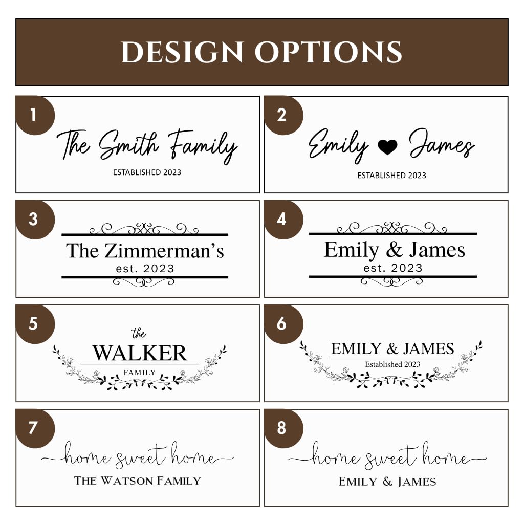 Various design options for personalized family name labels with different styles and text.